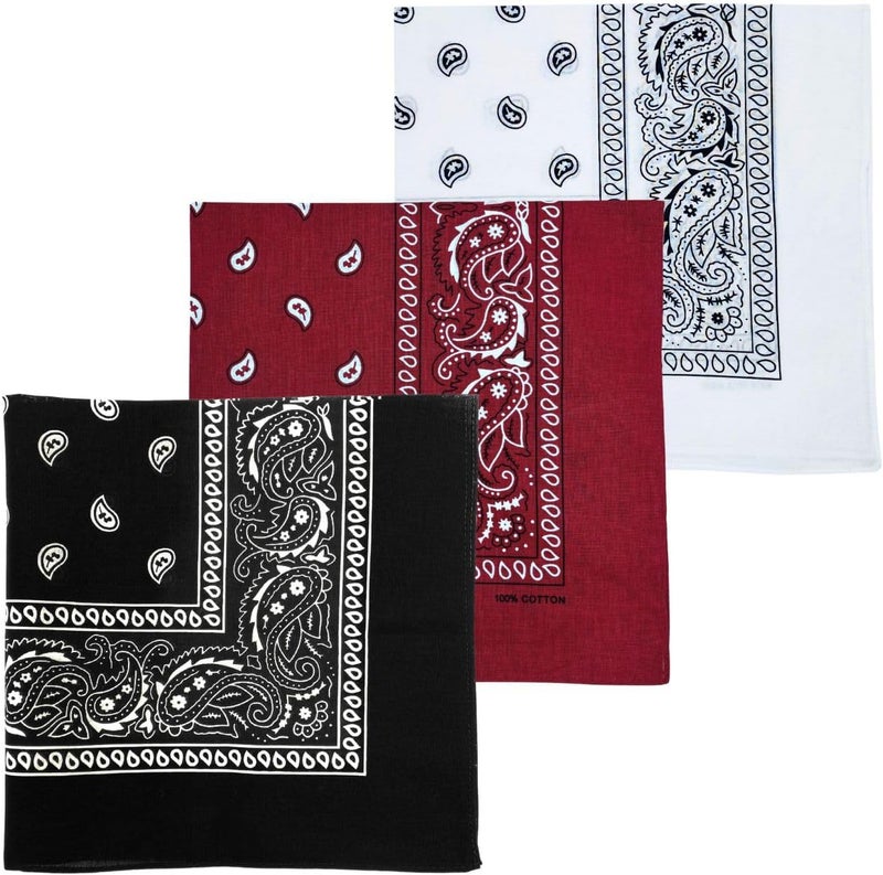 MD Style 3 PCS 100% Cotton Bandana for Men & Women 22" x 22" Paisely Pattern Handkerchief Headband Scarf - Image 1